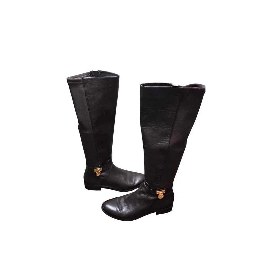 Michael Kors Brown Leather Knee-High Riding Boots Gold Logo Stretch Panels 6.5M